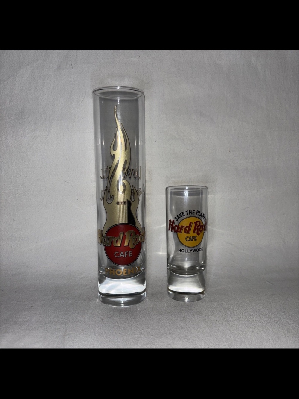 Hard Rock Cafe Clear Shot Glass Pair with Red and Gold Logos
